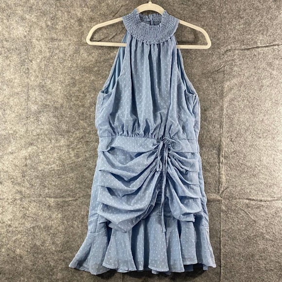 Lulus Mini Dress Large Dusty Blue Halter Ruched Sleeveless Place and Time - Picture 3 of 14